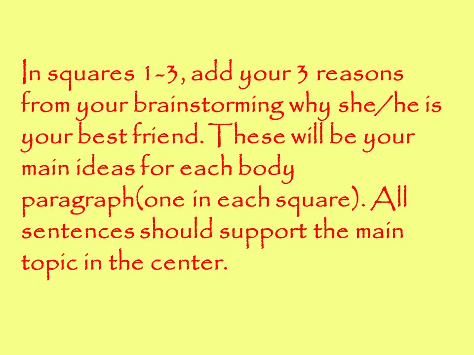 In squares 1-3, add your 3 reasons from your brainstorming why she/he is your best friend.