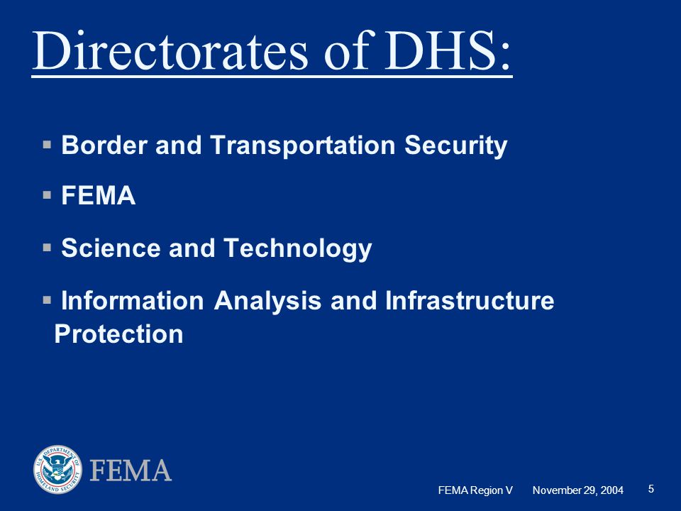 Directorates of DHS: Border and Transportation Security FEMA