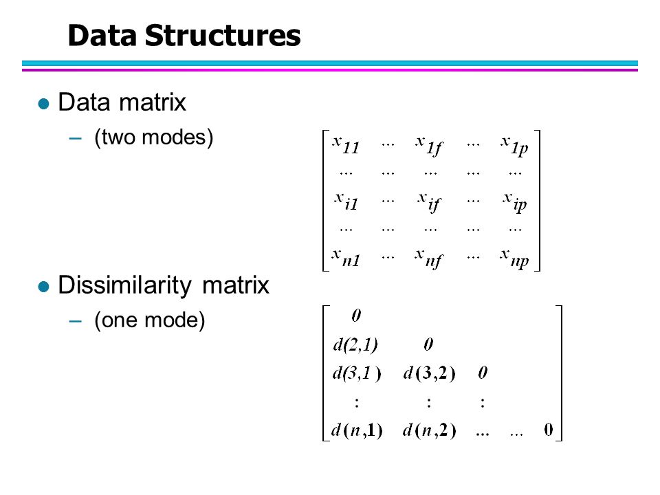 Data Structures Data matrix Dissimilarity matrix (two modes)
