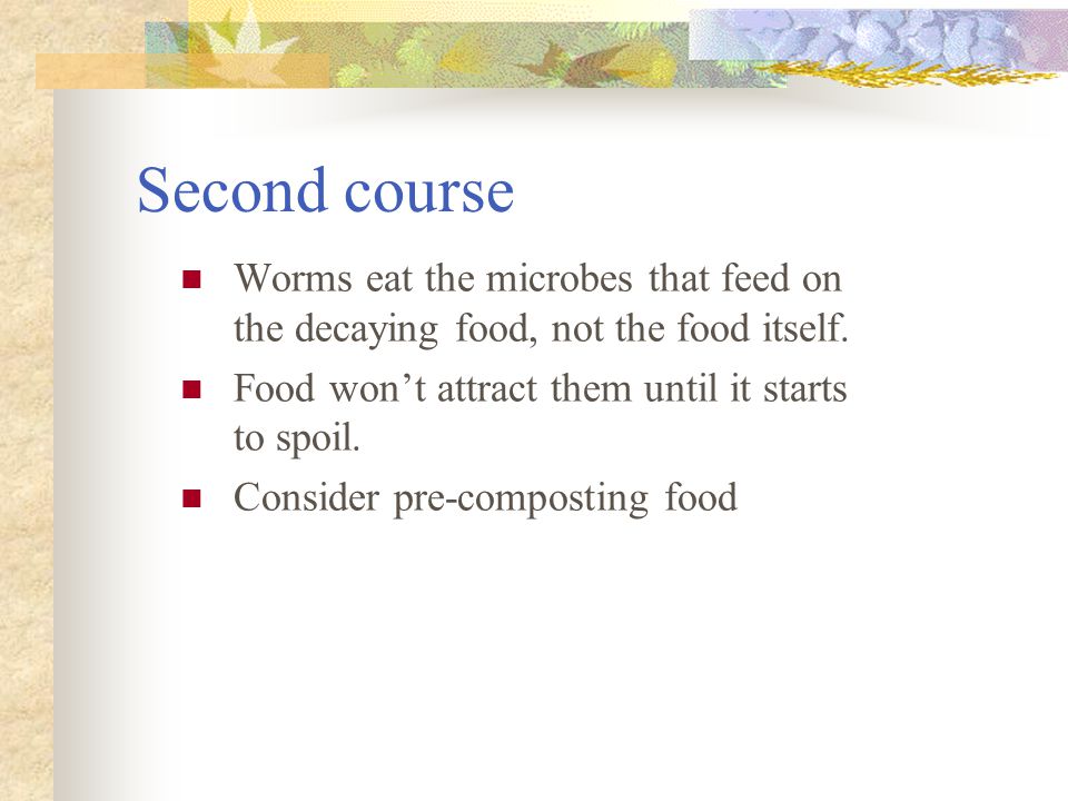 Second course Worms eat the microbes that feed on the decaying food, not the food itself. Food won’t attract them until it starts to spoil.
