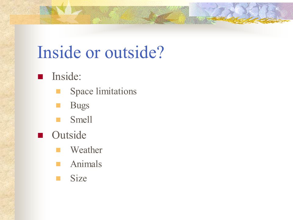 Inside or outside Inside: Outside Space limitations Bugs Smell