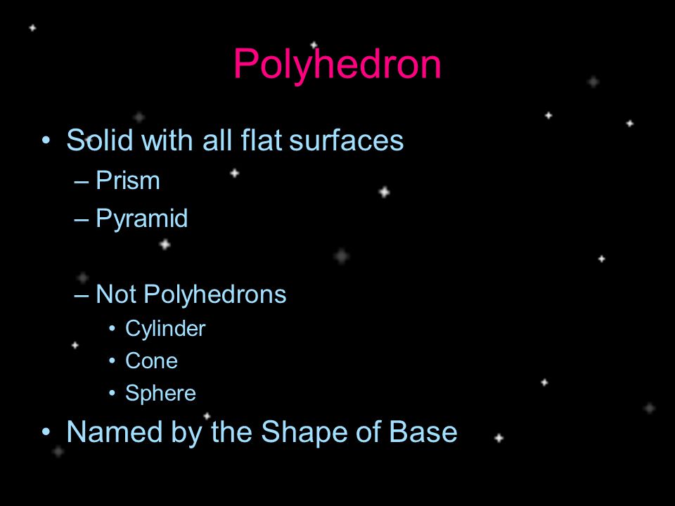 Polyhedron Solid with all flat surfaces Named by the Shape of Base