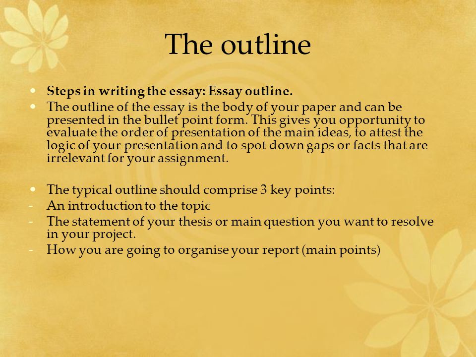 The outline Steps in writing the essay: Essay outline.