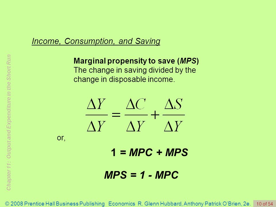 1 = MPC + MPS MPS = 1 - MPC Income, Consumption, and Saving