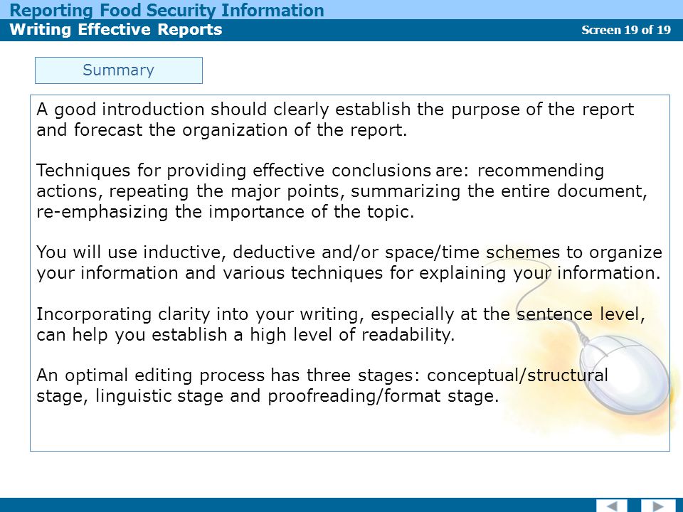 Summary A good introduction should clearly establish the purpose of the report and forecast the organization of the report.