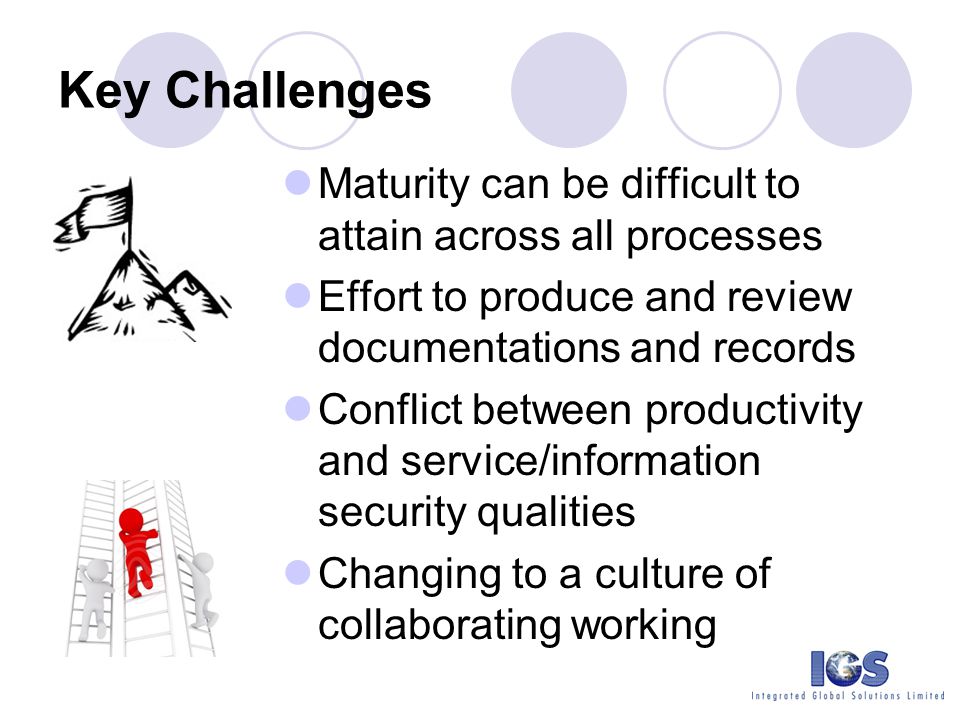 Key Challenges Maturity can be difficult to attain across all processes. Effort to produce and review documentations and records.