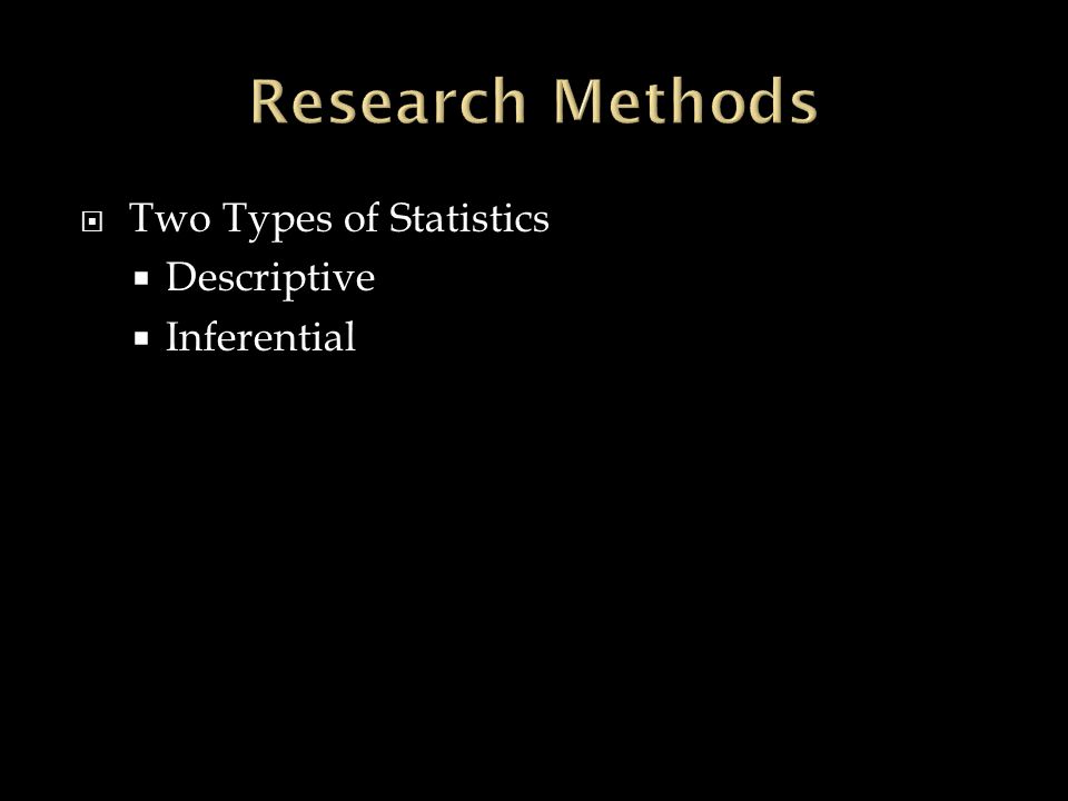 Research Methods Two Types of Statistics Descriptive Inferential