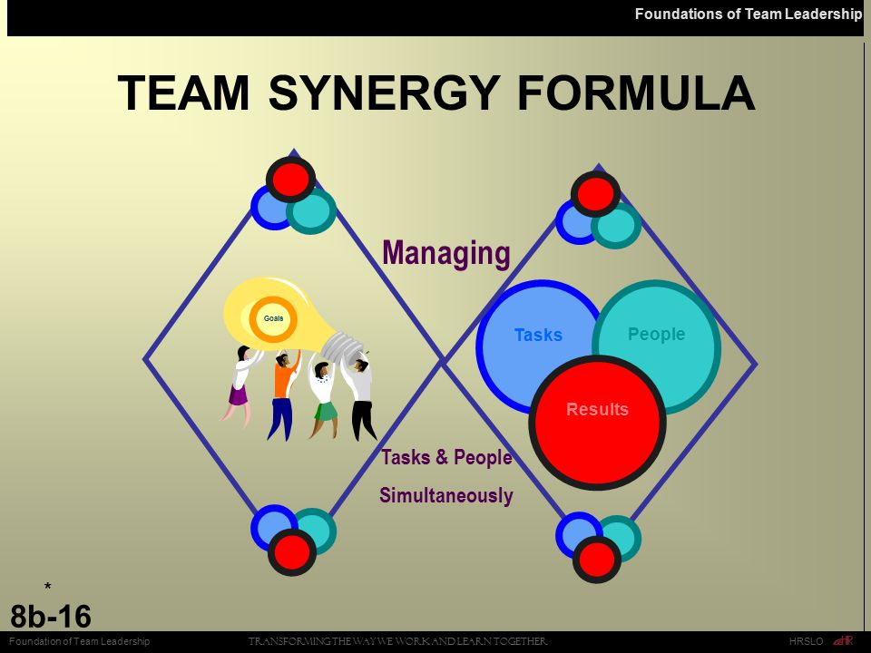 TEAM SYNERGY FORMULA Managing Tasks & People Simultaneously * Tasks