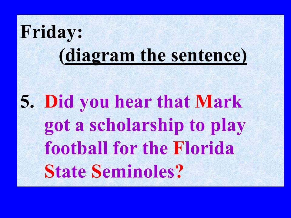 Friday: (diagram the sentence) Did you hear that Mark. got a scholarship to play. football for the Florida.