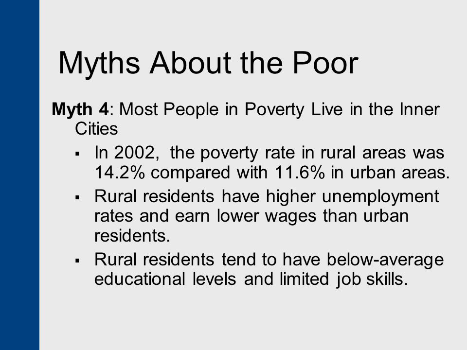 Myths About the Poor Myth 4: Most People in Poverty Live in the Inner Cities.