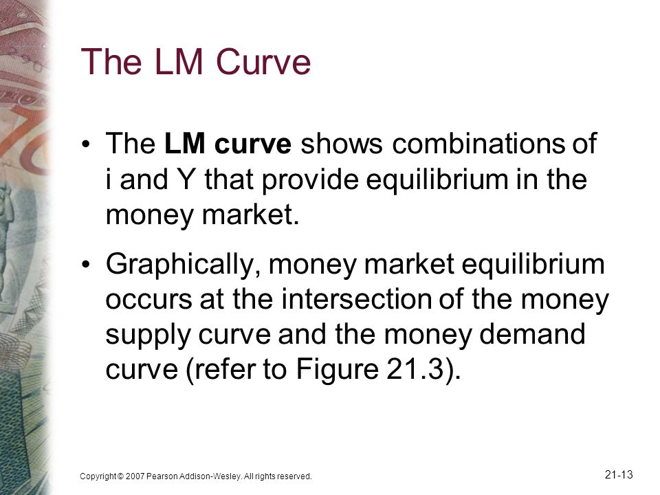 The LM Curve The LM curve shows combinations of i and Y that provide equilibrium in the money market.