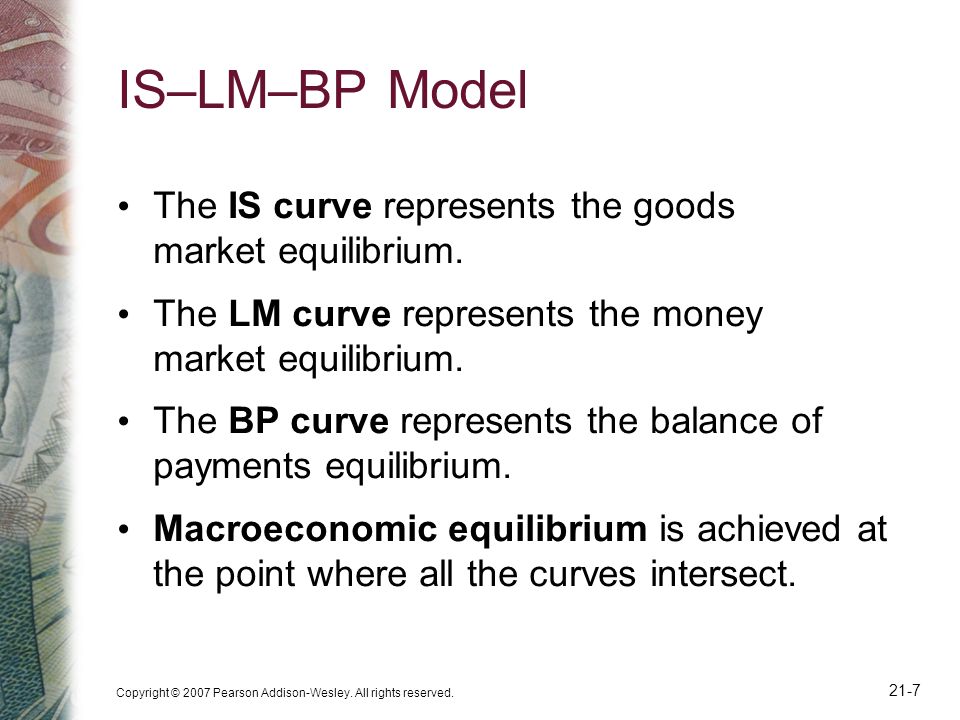IS–LM–BP Model The IS curve represents the goods market equilibrium.