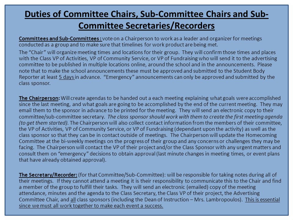 Duties of Committee Chairs, Sub-Committee Chairs and Sub-Committee Secretaries/Recorders