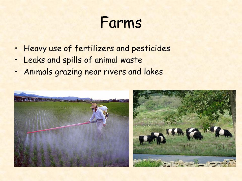 Farms Heavy use of fertilizers and pesticides