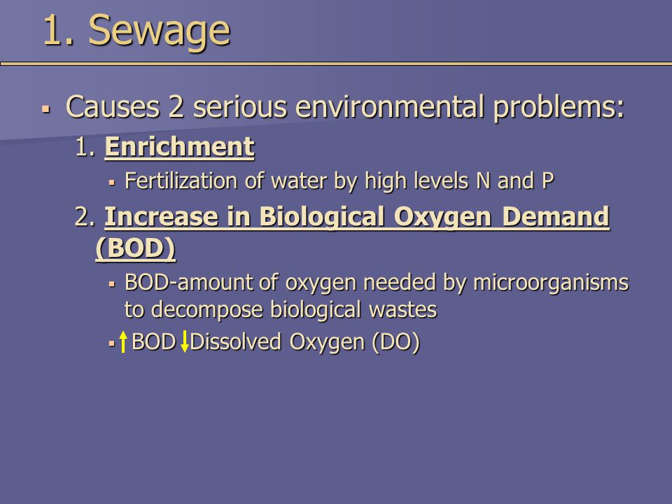 1. Sewage Causes 2 serious environmental problems: 1. Enrichment