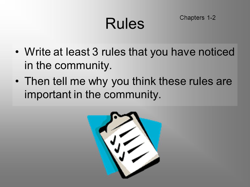 Rules Write at least 3 rules that you have noticed in the community.