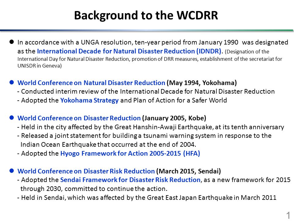 Outcomes of the WCDRR The conference was held in Sendai, from Saturday 14 to Wednesday 18 March.