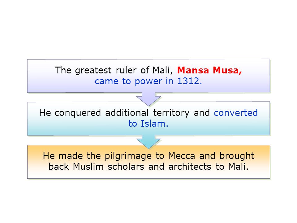 The greatest ruler of Mali, Mansa Musa, came to power in 1312.