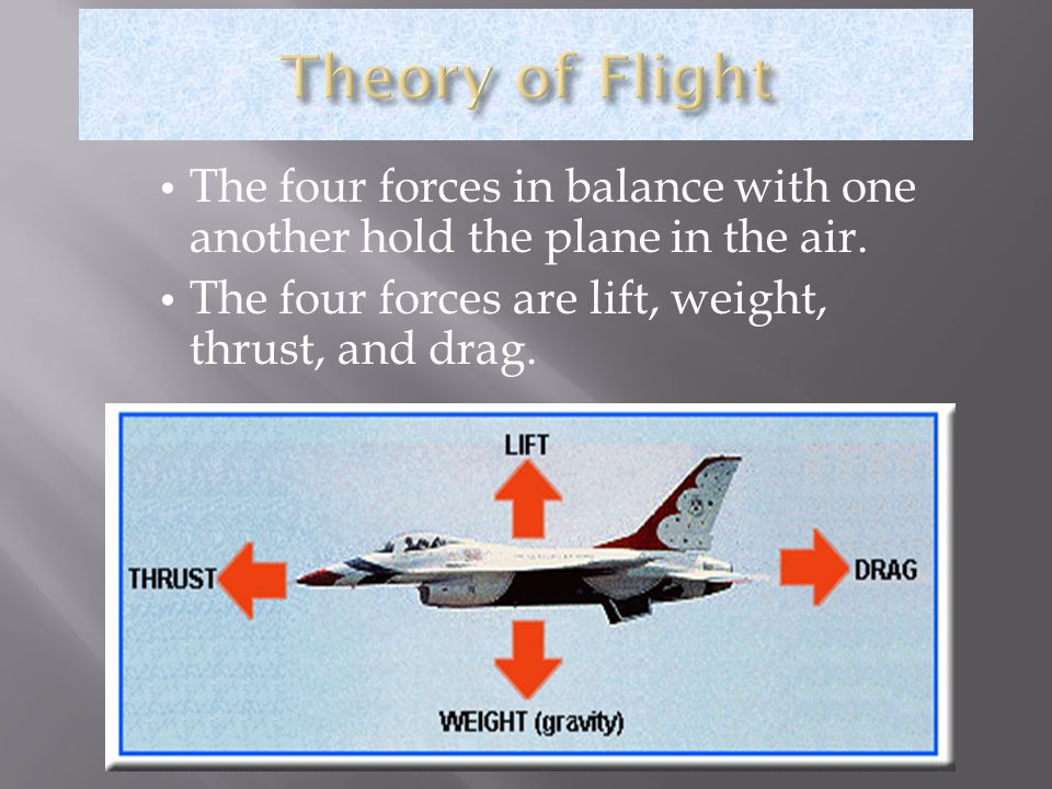Theory of Flight The four forces in balance with one another hold the plane in the air. The four forces are lift, weight, thrust, and drag.