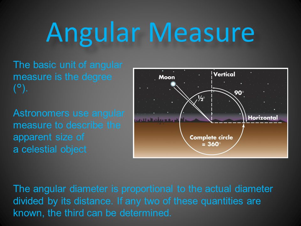 Angular Measure The basic unit of angular measure is the degree (°).