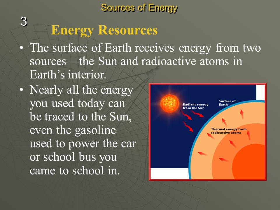 Sources of Energy 3. Energy Resources. The surface of Earth receives energy from two sources—the Sun and radioactive atoms in Earth’s interior.