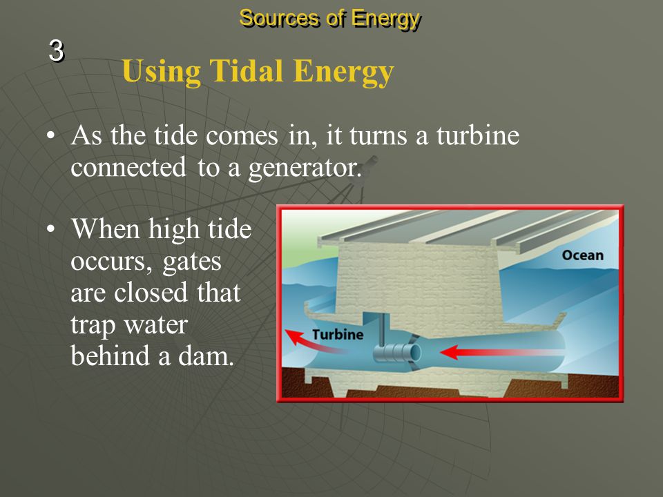 Sources of Energy 3. Using Tidal Energy. As the tide comes in, it turns a turbine connected to a generator.