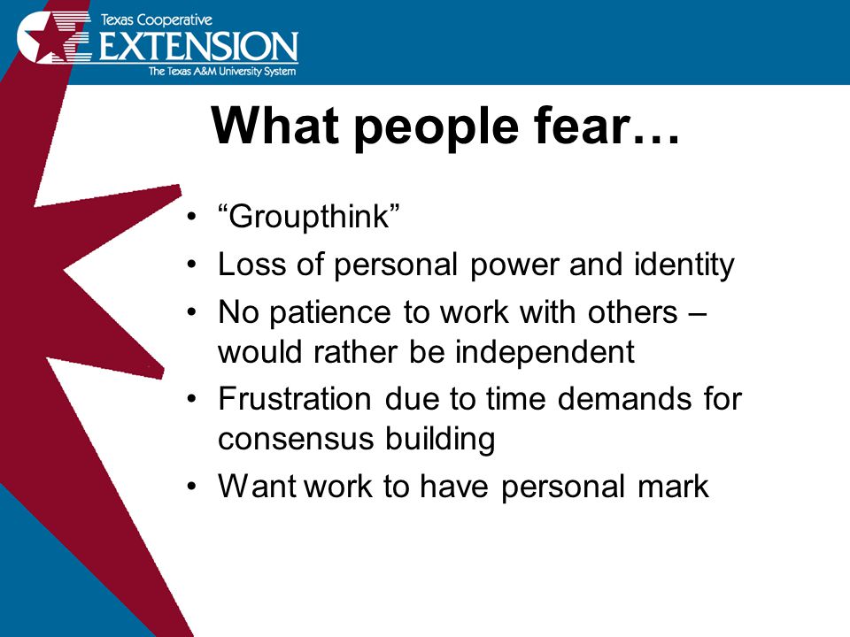 What people fear… Groupthink Loss of personal power and identity