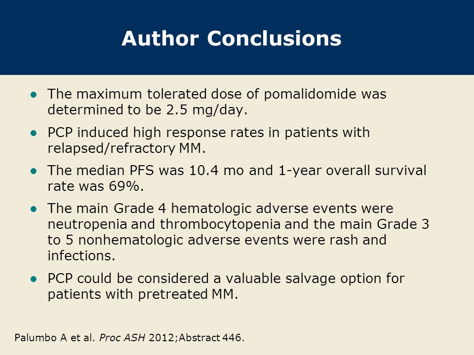 Author Conclusions The maximum tolerated dose of pomalidomide was determined to be 2.5 mg/day.