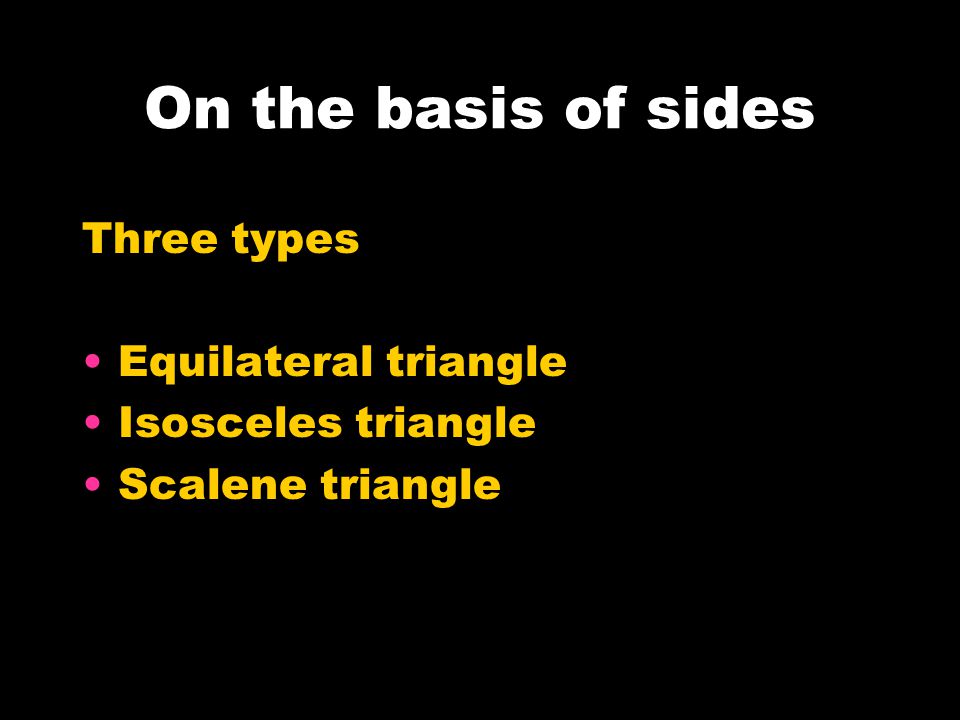 On the basis of sides Three types Equilateral triangle