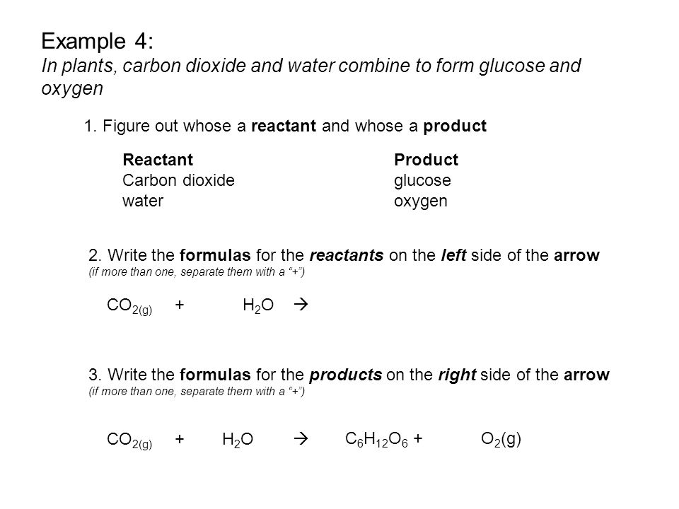 Example 4: In plants, carbon dioxide and water combine to form glucose and oxygen