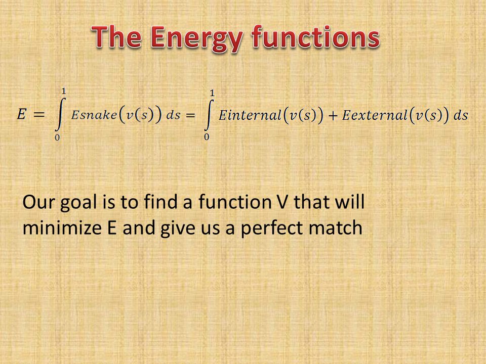 The Energy functions Our goal is to find a function V that will minimize E and give us a perfect match.