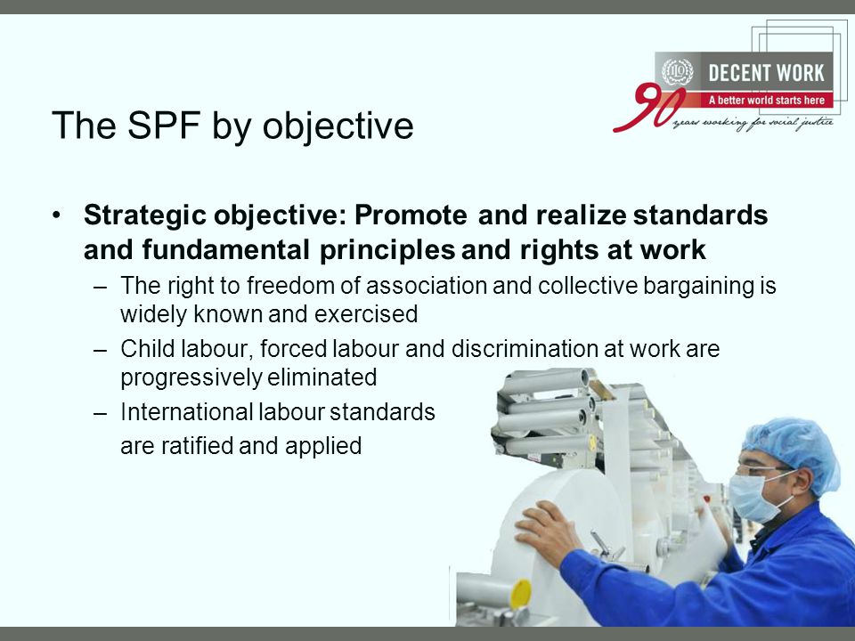 The SPF by objective Strategic objective: Promote and realize standards and fundamental principles and rights at work.