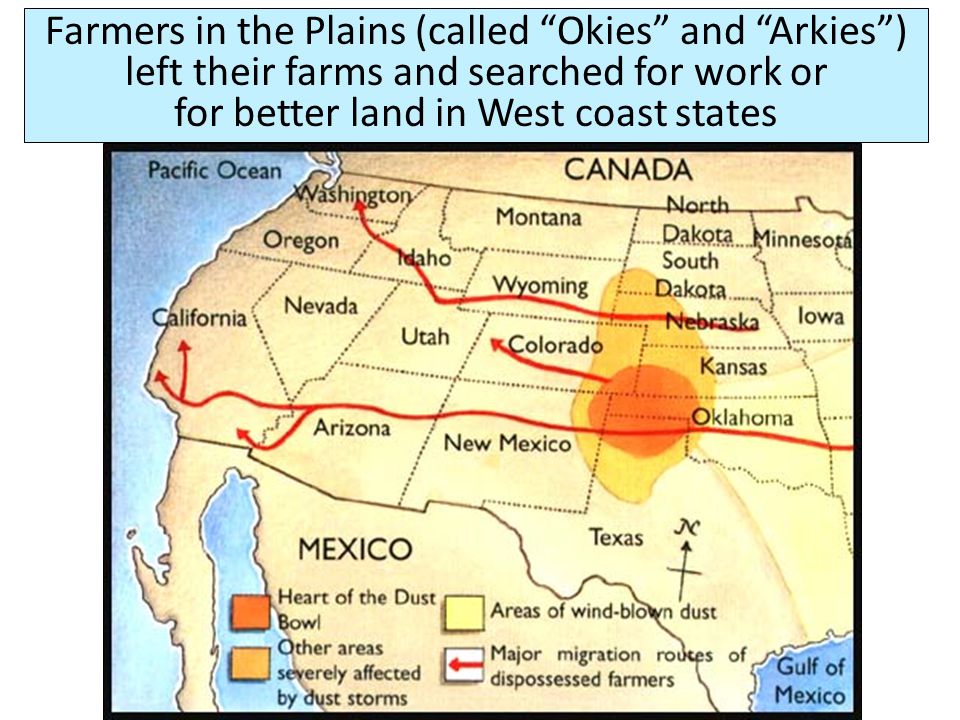 Farmers in the Plains (called Okies and Arkies ) left their farms and searched for work or for better land in West coast states