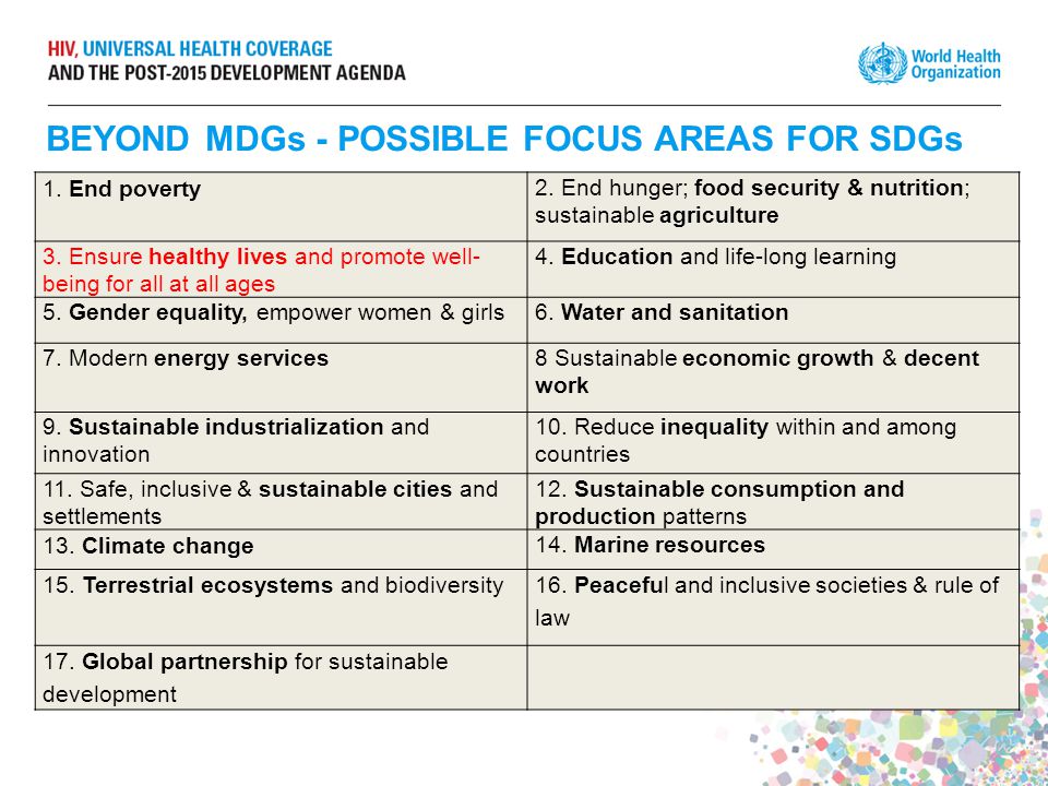 BEYOND MDGs - POSSIBLE FOCUS AREAS FOR SDGs