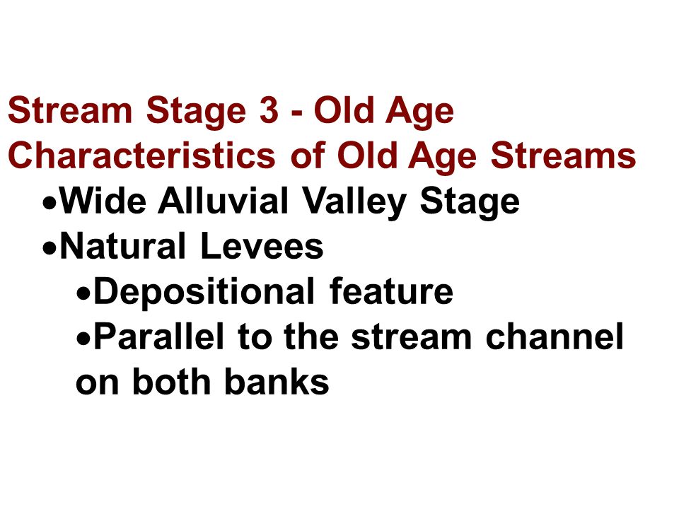 Stream Stage 3 - Old Age Characteristics of Old Age Streams. Wide Alluvial Valley Stage. Natural Levees.