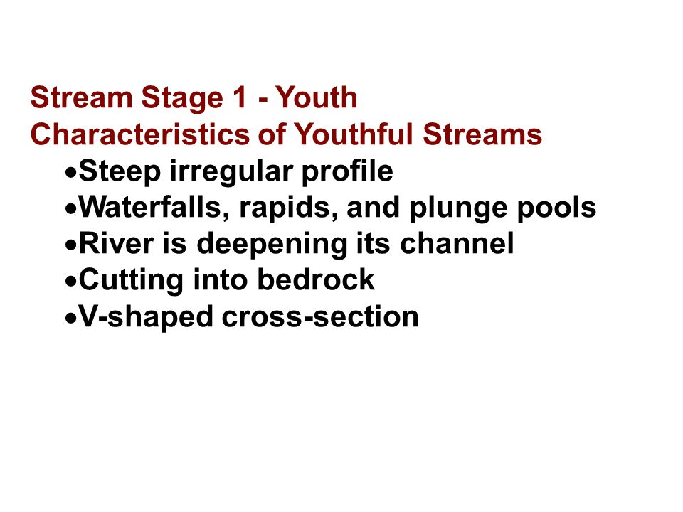 Stream Stage 1 - Youth Characteristics of Youthful Streams. Steep irregular profile. Waterfalls, rapids, and plunge pools.