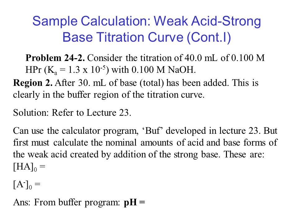 Sample Calculation: Weak Acid-Strong Base Titration Curve (Cont.I)