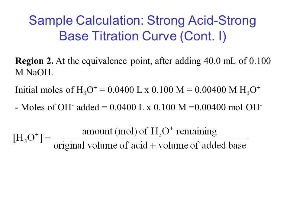 Sample Calculation: Strong Acid-Strong Base Titration Curve (Cont. I)