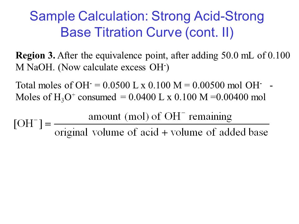 Sample Calculation: Strong Acid-Strong Base Titration Curve (cont. II)