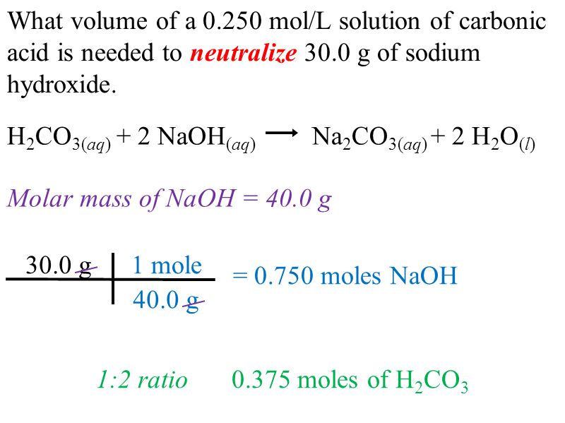What volume of a mol/L solution of carbonic acid is needed to neutralize 30.0 g of sodium hydroxide.