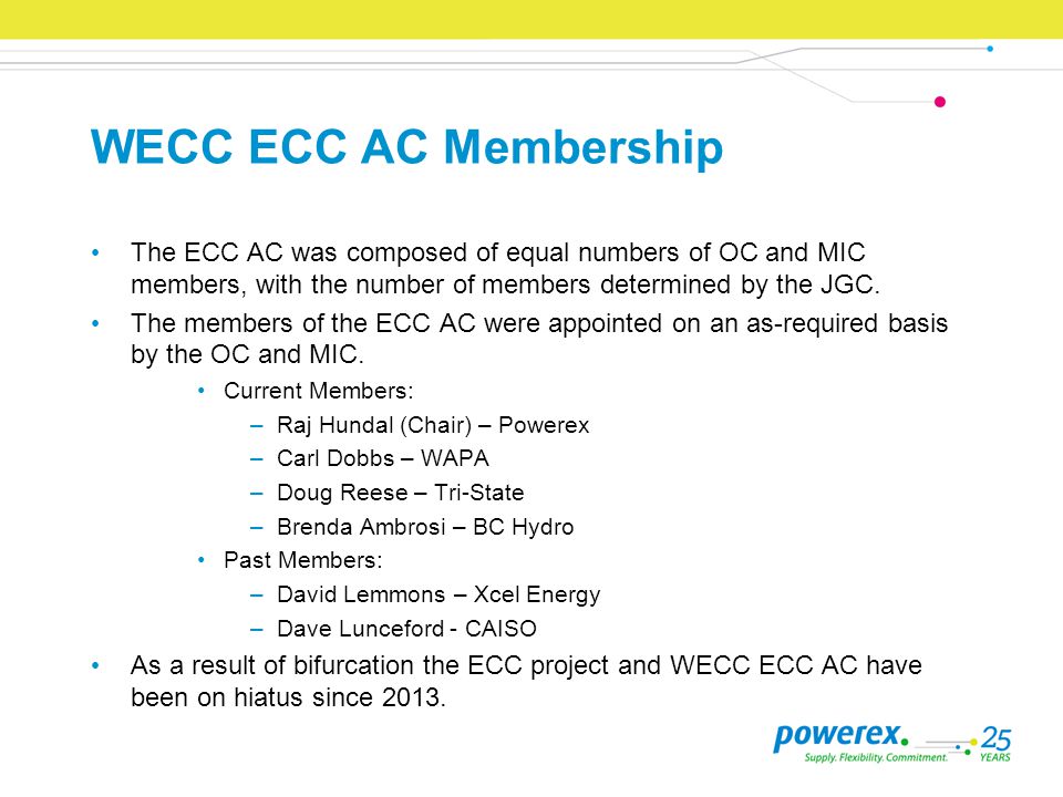 WECC ECC AC Membership The ECC AC was composed of equal numbers of OC and MIC members, with the number of members determined by the JGC.