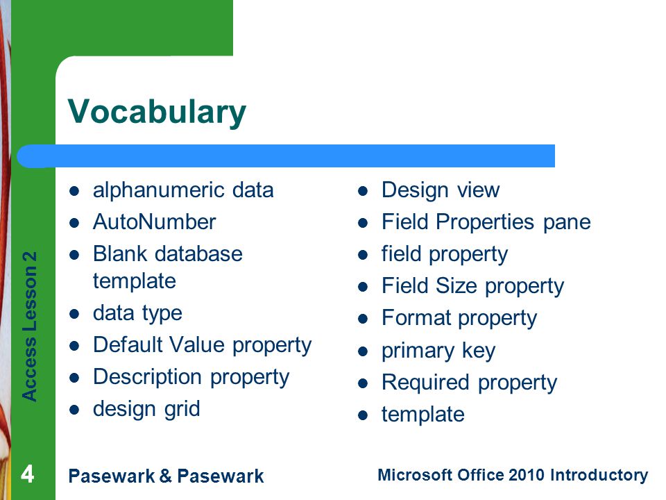 Vocabulary 4 4 alphanumeric data AutoNumber Blank database template
