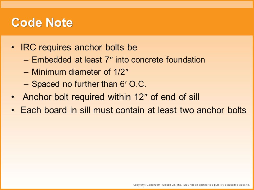 Code Note IRC requires anchor bolts be