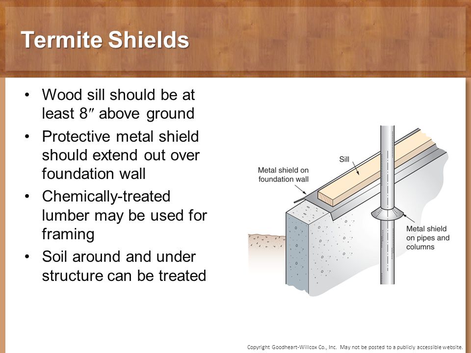 Termite Shields Wood sill should be at least 8″ above ground