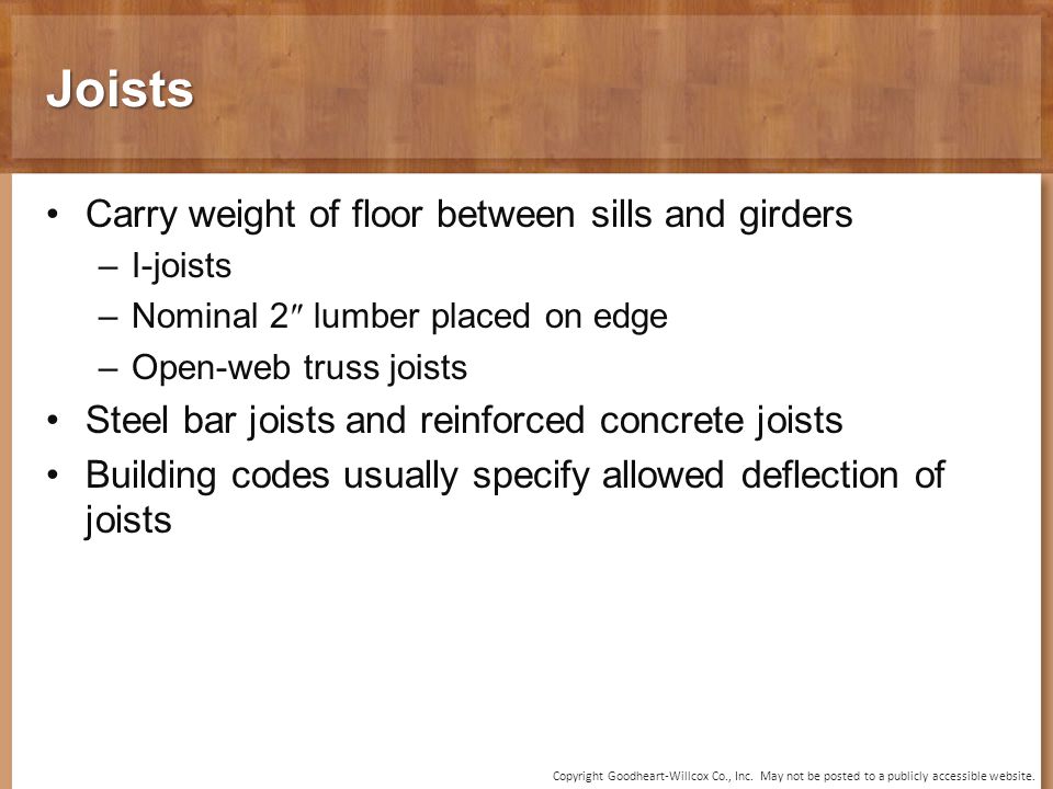 Joists Carry weight of floor between sills and girders