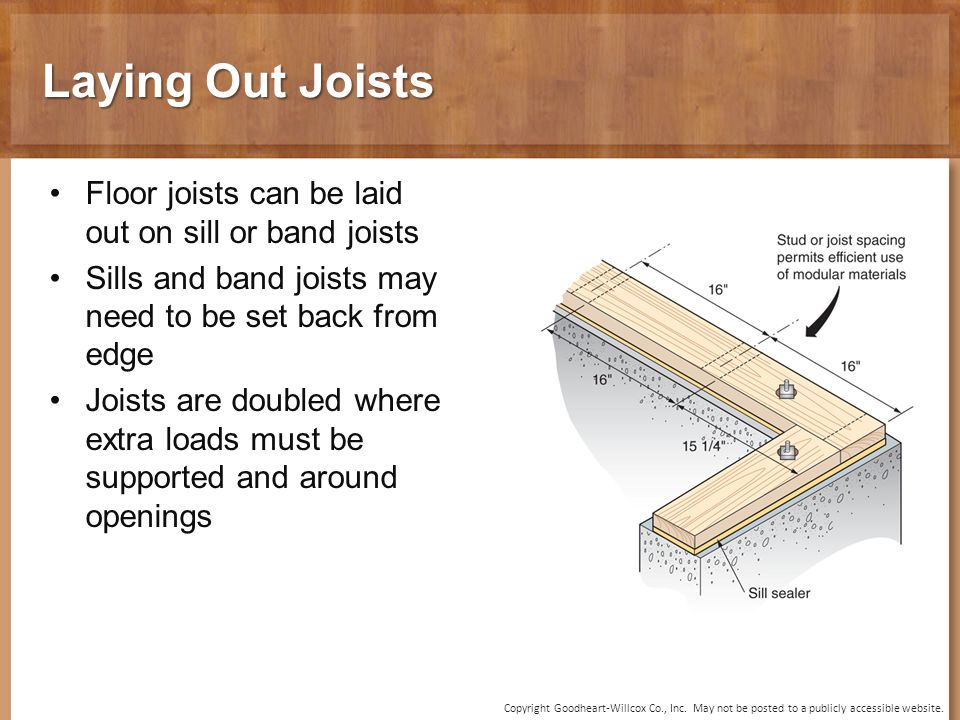 Laying Out Joists Floor joists can be laid out on sill or band joists