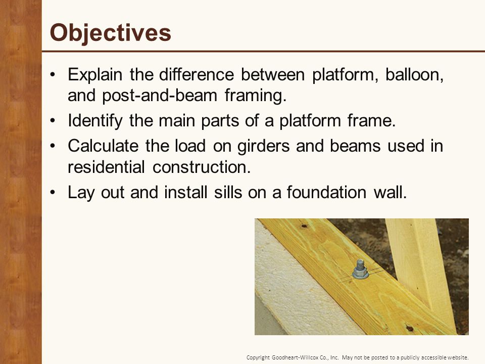 Objectives Explain the difference between platform, balloon, and post-and-beam framing. Identify the main parts of a platform frame.