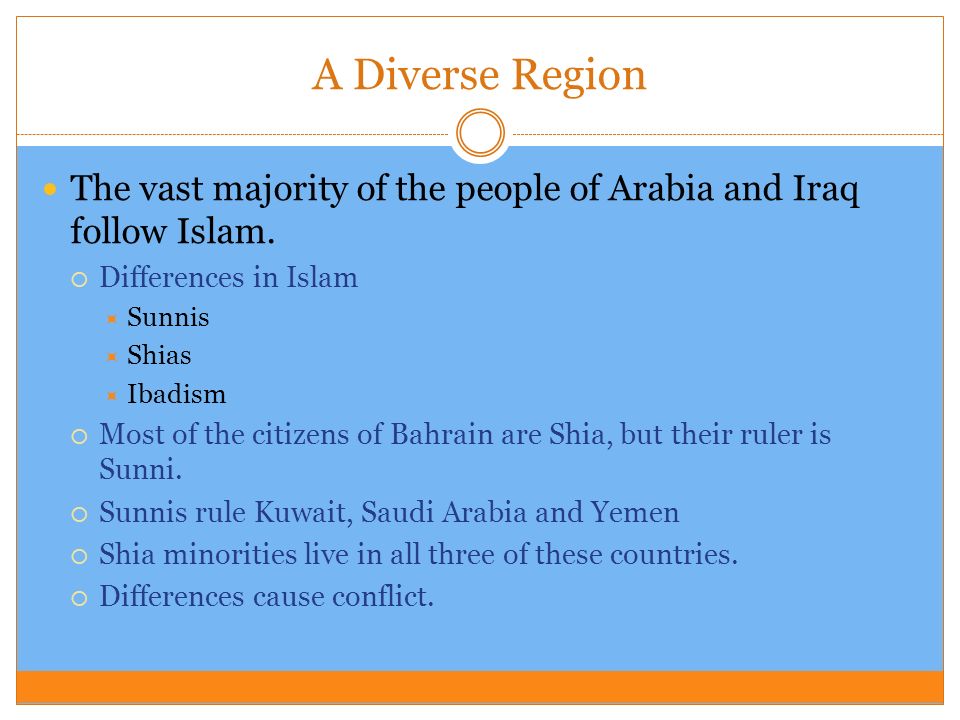 A Diverse Region The vast majority of the people of Arabia and Iraq follow Islam. Differences in Islam.
