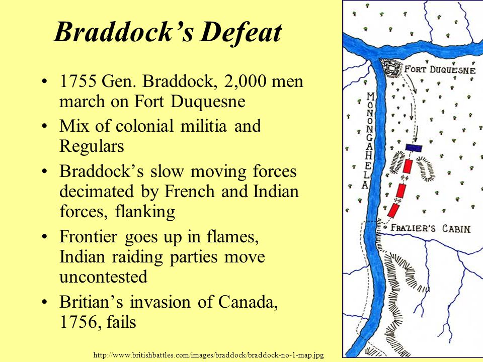 Braddock’s Defeat 1755 Gen. Braddock, 2,000 men march on Fort Duquesne