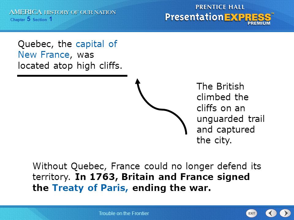 Quebec, the capital of New France, was located atop high cliffs.